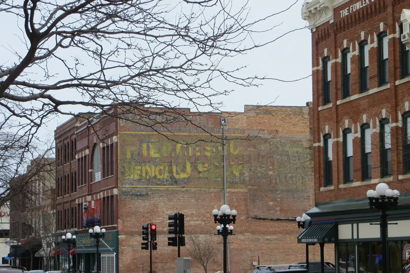 Brick storefronts and street lamps in downtown Waterloo.